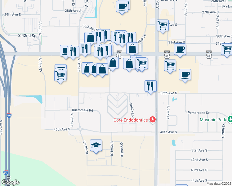 map of restaurants, bars, coffee shops, grocery stores, and more near 3084 36th Avenue South in Grand Forks