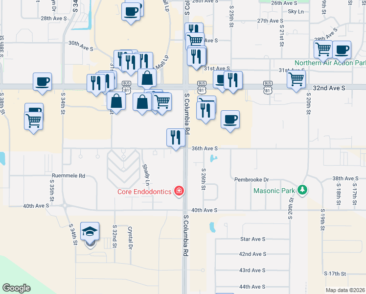 map of restaurants, bars, coffee shops, grocery stores, and more near 3863-3899 S Columbia Rd in Grand Forks
