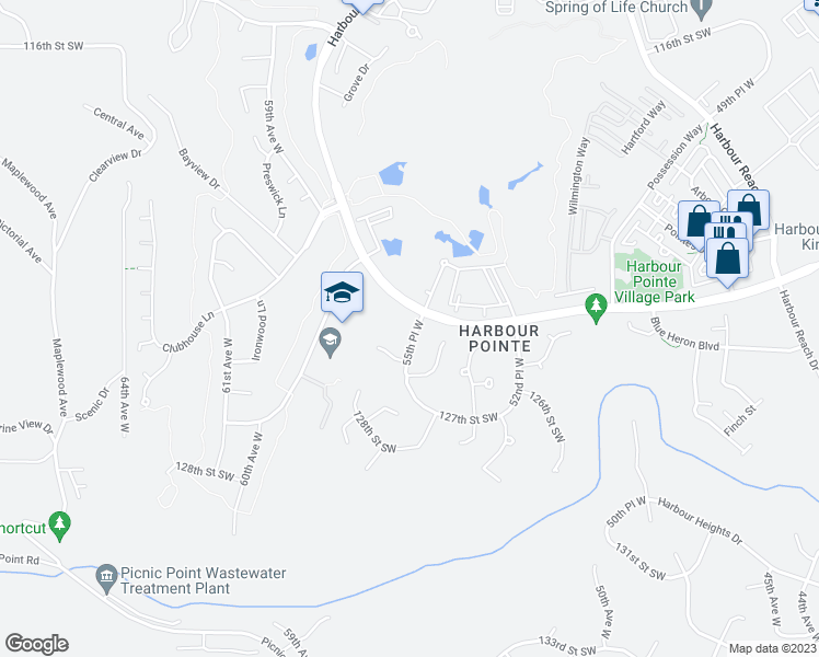 map of restaurants, bars, coffee shops, grocery stores, and more near 12404 55th Place West in Mukilteo