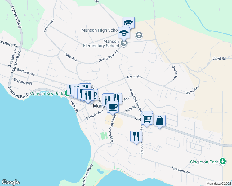 map of restaurants, bars, coffee shops, grocery stores, and more near 195 Mc Fadden Drive in Manson