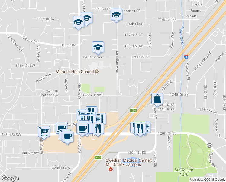map of restaurants, bars, coffee shops, grocery stores, and more near 12310 Meridian Avenue in Everett