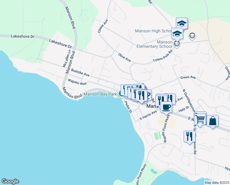 map of restaurants, bars, coffee shops, grocery stores, and more near 80 Wapato Way in Manson