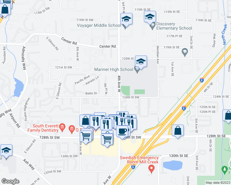map of restaurants, bars, coffee shops, grocery stores, and more near 12319 4th Place West in Everett