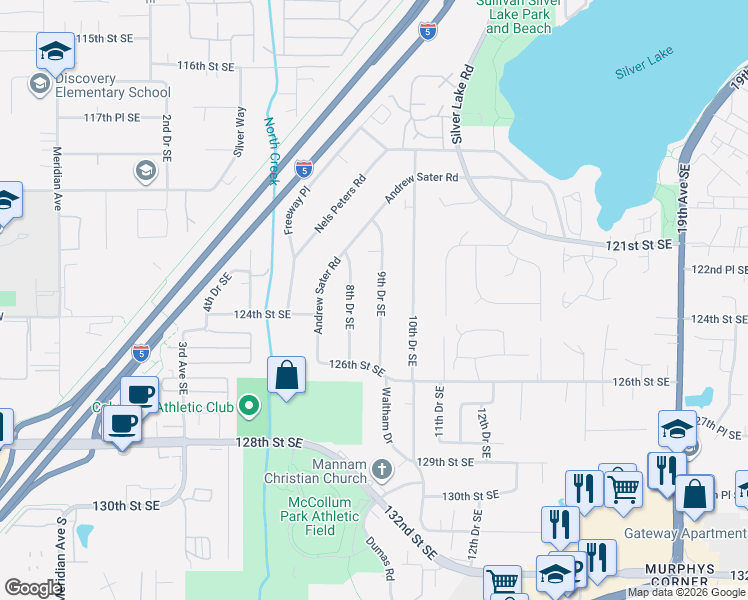 map of restaurants, bars, coffee shops, grocery stores, and more near 12318 9th Drive Southeast in Everett
