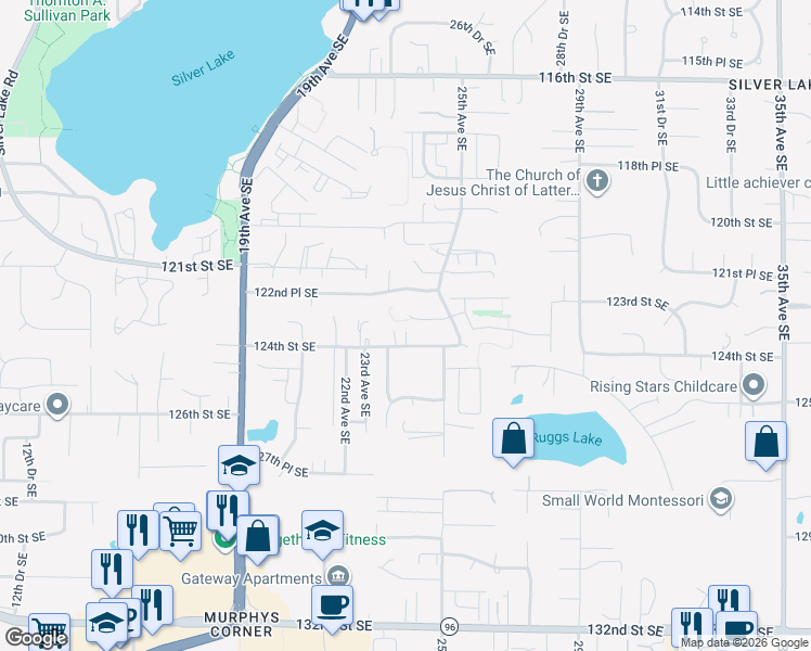 map of restaurants, bars, coffee shops, grocery stores, and more near 12312 23rd Drive Southeast in Everett