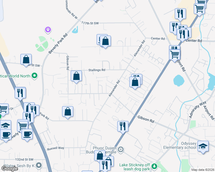 map of restaurants, bars, coffee shops, grocery stores, and more near 12326 Alexander Road in Everett