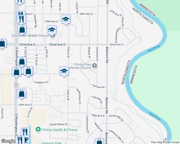 map of restaurants, bars, coffee shops, grocery stores, and more near 3418 Cherry Lynn Drive in Grand Forks