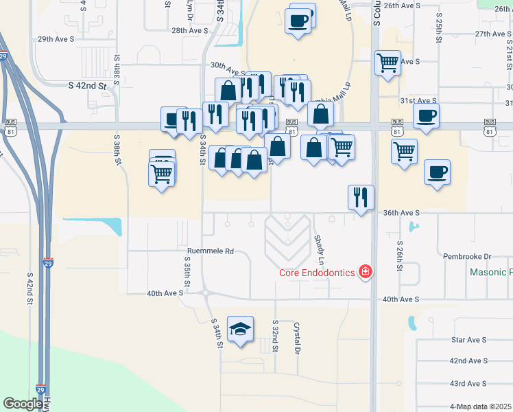 map of restaurants, bars, coffee shops, grocery stores, and more near 3174 36th Avenue South in Grand Forks