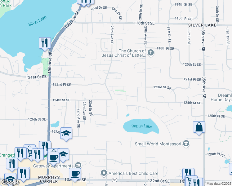 map of restaurants, bars, coffee shops, grocery stores, and more near 2605 123rd Place Southeast in Everett
