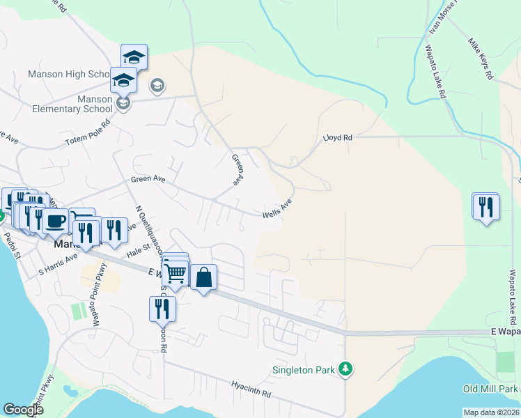 map of restaurants, bars, coffee shops, grocery stores, and more near 125 Wells Avenue in Manson