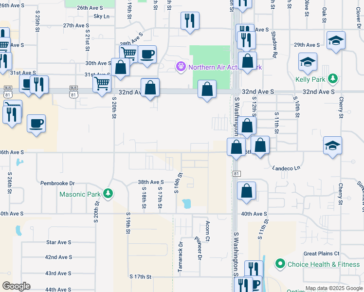 map of restaurants, bars, coffee shops, grocery stores, and more near 1590 Ardmore Avenue South in Grand Forks
