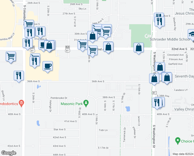 map of restaurants, bars, coffee shops, grocery stores, and more near 1660 36th Avenue South in Grand Forks