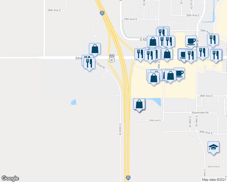 map of restaurants, bars, coffee shops, grocery stores, and more near 3590 South 42nd Street in Grand Forks