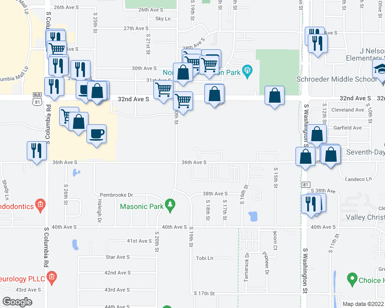 map of restaurants, bars, coffee shops, grocery stores, and more near 1660 36th Avenue South in Grand Forks