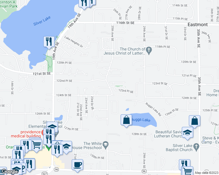 map of restaurants, bars, coffee shops, grocery stores, and more near 2432 123rd Street Southeast in Everett