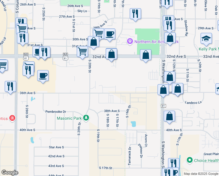 map of restaurants, bars, coffee shops, grocery stores, and more near 3550 South 17th Street in Grand Forks
