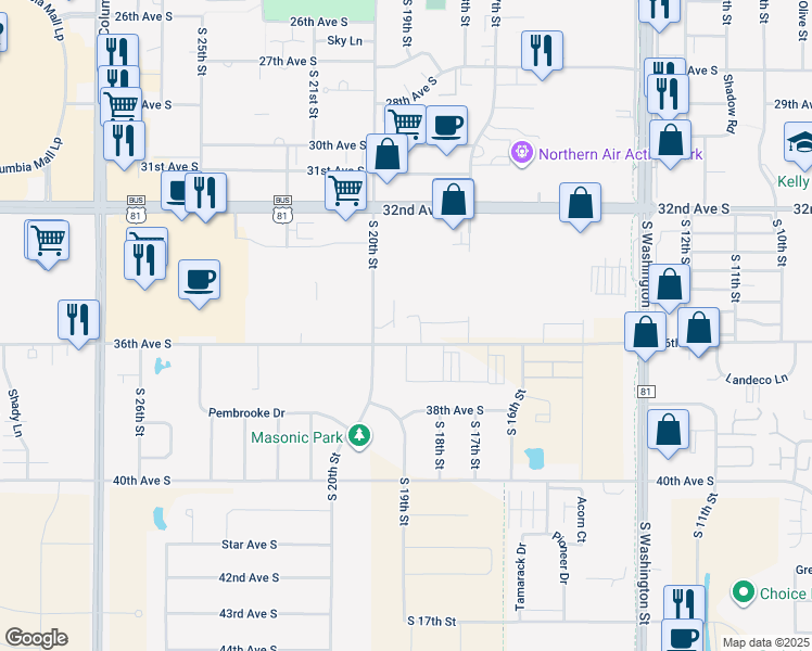 map of restaurants, bars, coffee shops, grocery stores, and more near 1660 36th Avenue South in Grand Forks