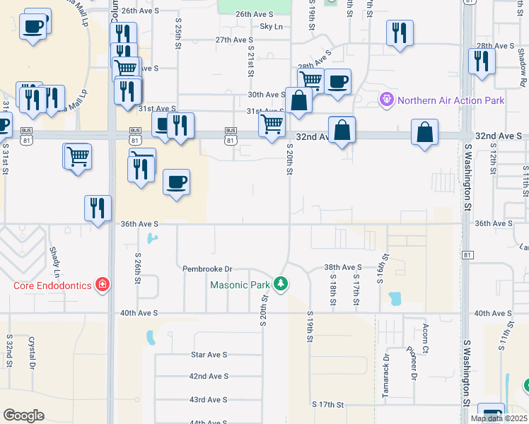 map of restaurants, bars, coffee shops, grocery stores, and more near 2100 36th Avenue South in Grand Forks