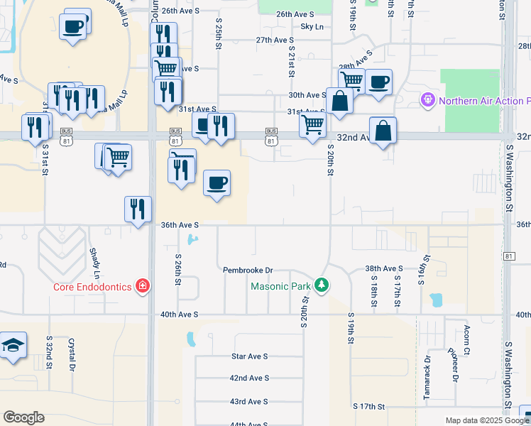 map of restaurants, bars, coffee shops, grocery stores, and more near 2350 36th Avenue South in Grand Forks