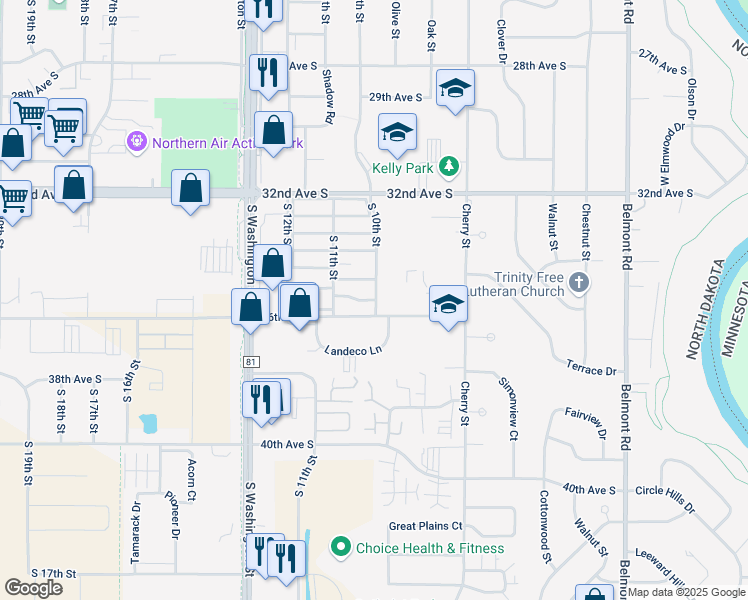 map of restaurants, bars, coffee shops, grocery stores, and more near 1005 Monroe Avenue in Grand Forks