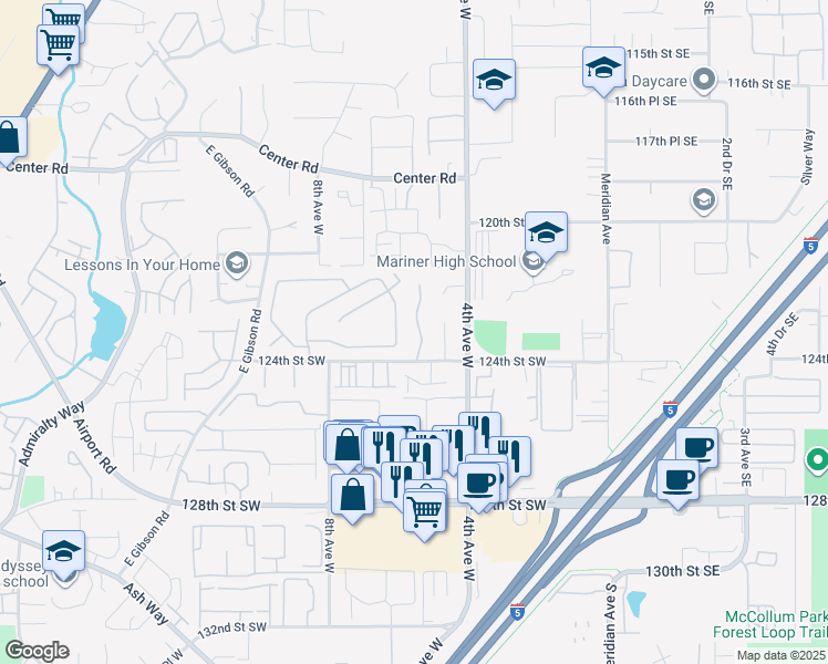 map of restaurants, bars, coffee shops, grocery stores, and more near 12306 5th Place West in Everett