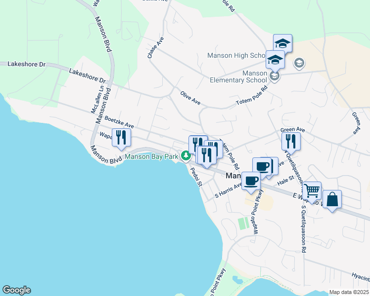 map of restaurants, bars, coffee shops, grocery stores, and more near 80 Wapato Way in Manson