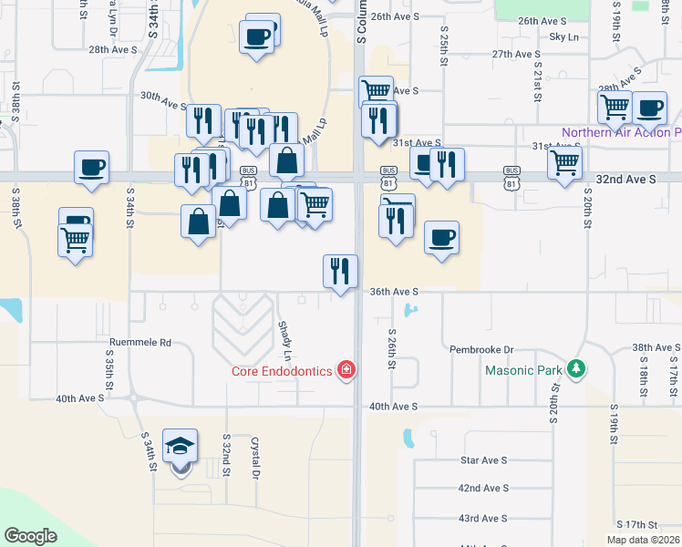 map of restaurants, bars, coffee shops, grocery stores, and more near 2825 36th Avenue South in Grand Forks
