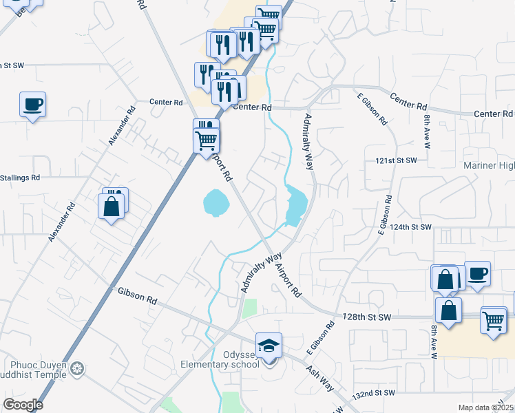 map of restaurants, bars, coffee shops, grocery stores, and more near 12221 Airport Road in Everett