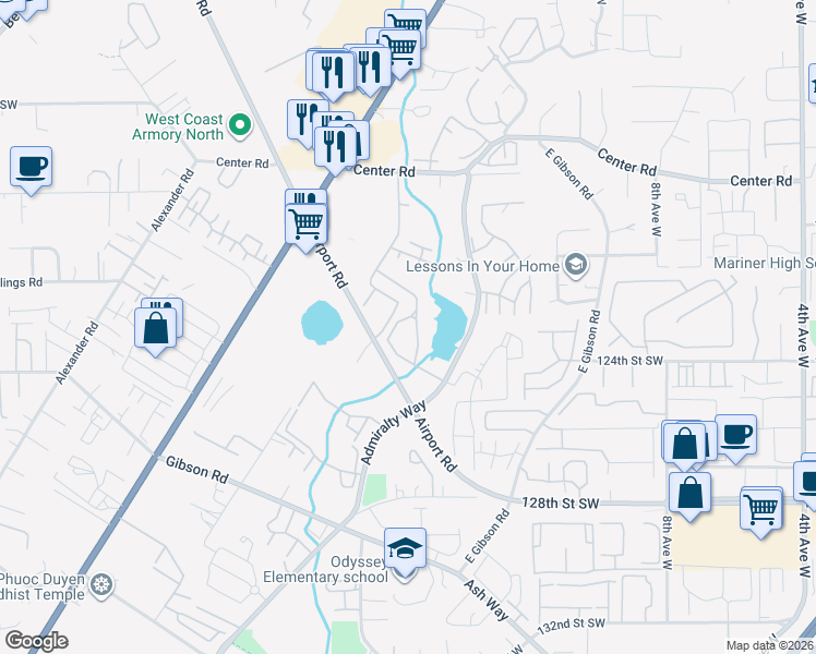 map of restaurants, bars, coffee shops, grocery stores, and more near 12402 Admiralty Way in Everett