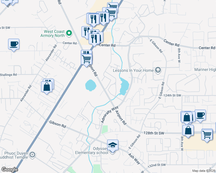 map of restaurants, bars, coffee shops, grocery stores, and more near 12402 Admiralty Way in Everett