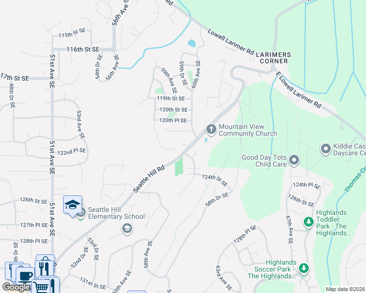 map of restaurants, bars, coffee shops, grocery stores, and more near 12202 Seattle Hill Road in Snohomish