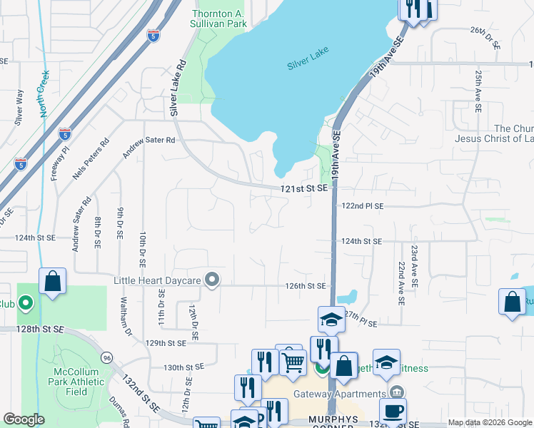 map of restaurants, bars, coffee shops, grocery stores, and more near 1600 121st Street Southeast in Everett