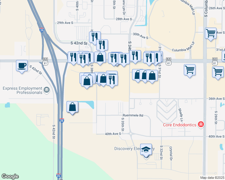map of restaurants, bars, coffee shops, grocery stores, and more near 3601 32nd Avenue South in Grand Forks