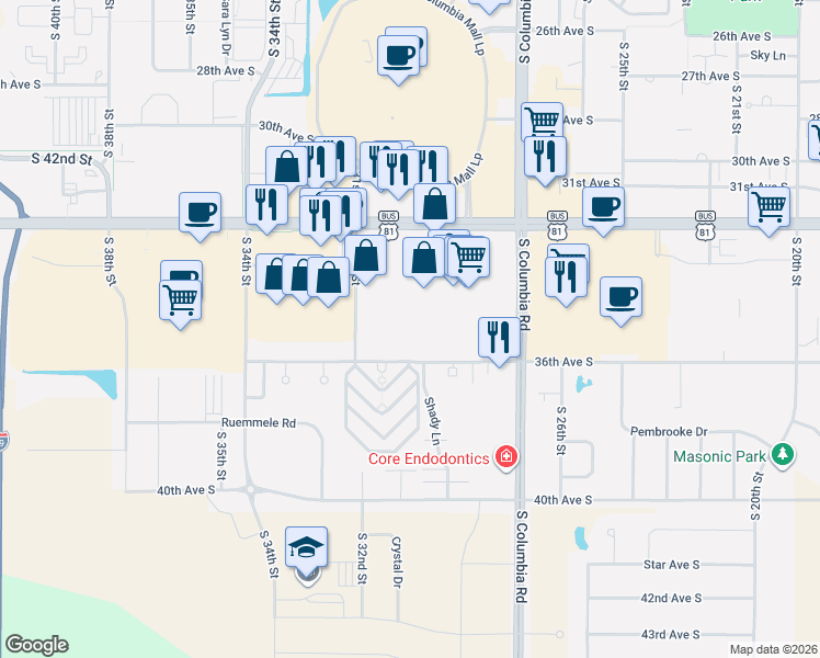 map of restaurants, bars, coffee shops, grocery stores, and more near 2950 36th Avenue South in Grand Forks