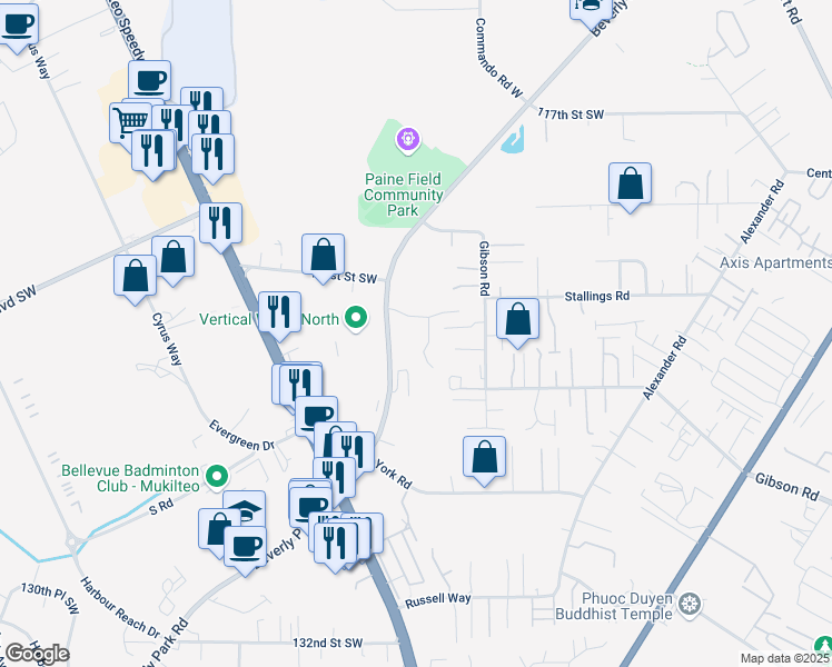map of restaurants, bars, coffee shops, grocery stores, and more near 12419 Beverly Park Road in Lynnwood