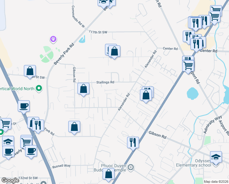 map of restaurants, bars, coffee shops, grocery stores, and more near 2632 123rd Place Southwest in Everett