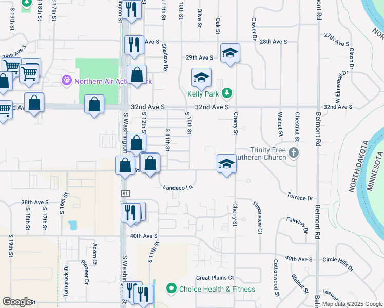 map of restaurants, bars, coffee shops, grocery stores, and more near 3315 South 10th Street in Grand Forks