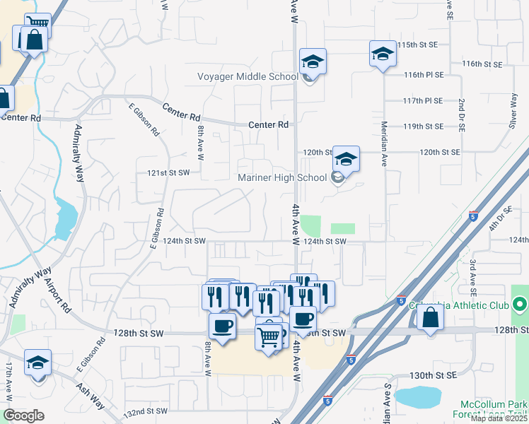 map of restaurants, bars, coffee shops, grocery stores, and more near 12217 5th Place West in Everett