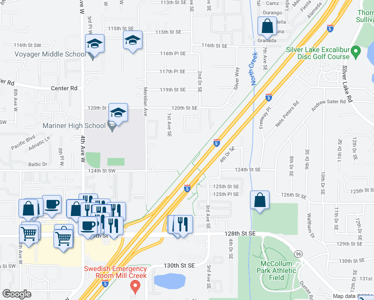 map of restaurants, bars, coffee shops, grocery stores, and more near 112 121st Place Southeast in Everett