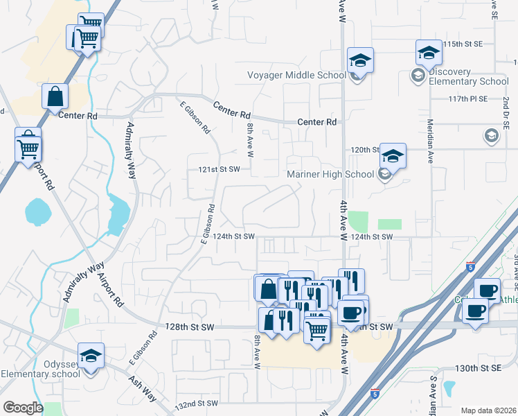 map of restaurants, bars, coffee shops, grocery stores, and more near 12109 8th Avenue West in Everett