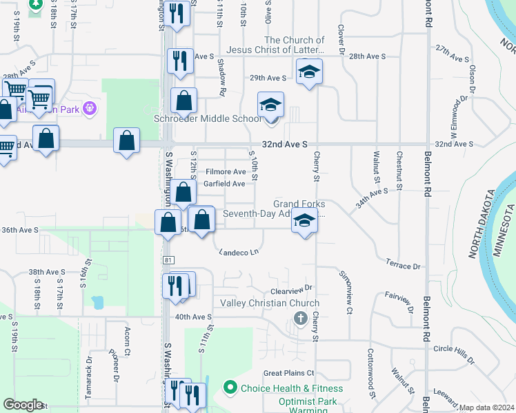 map of restaurants, bars, coffee shops, grocery stores, and more near 3315 South 10th Street in Grand Forks