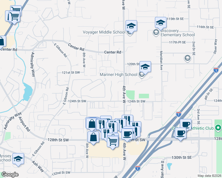 map of restaurants, bars, coffee shops, grocery stores, and more near 12217 5th Place West in Everett