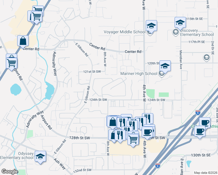 map of restaurants, bars, coffee shops, grocery stores, and more near 815 124th Street Southwest in Everett
