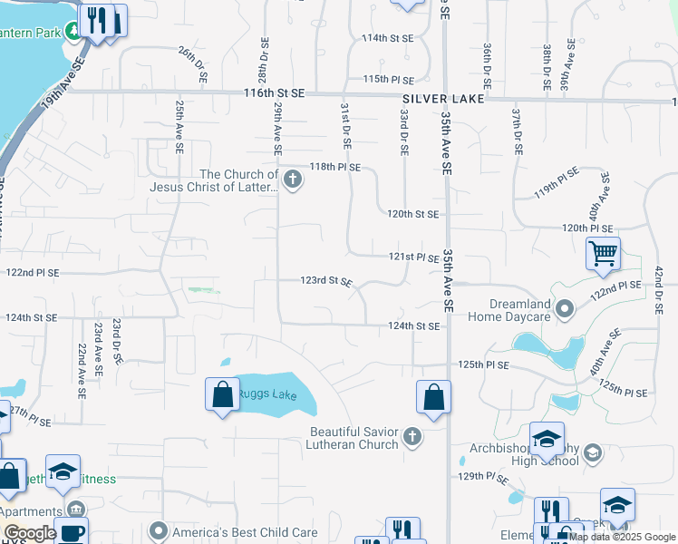 map of restaurants, bars, coffee shops, grocery stores, and more near 3116 121st Place Southeast in Everett