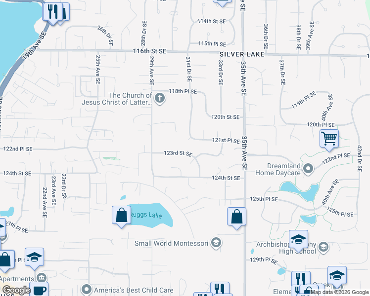 map of restaurants, bars, coffee shops, grocery stores, and more near 3116 121st Place Southeast in Everett