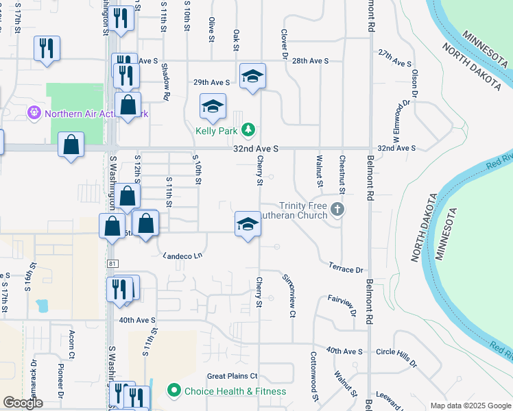 map of restaurants, bars, coffee shops, grocery stores, and more near 3410 Cherry Street in Grand Forks