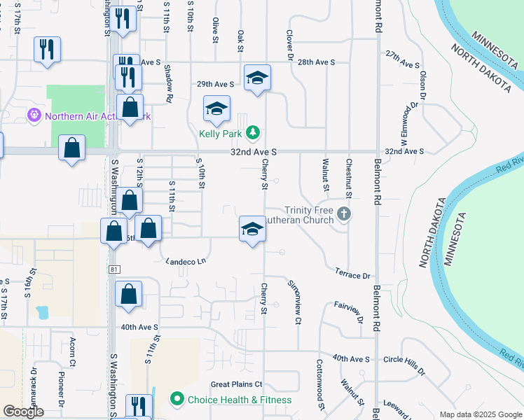 map of restaurants, bars, coffee shops, grocery stores, and more near 3410 Cherry Street in Grand Forks
