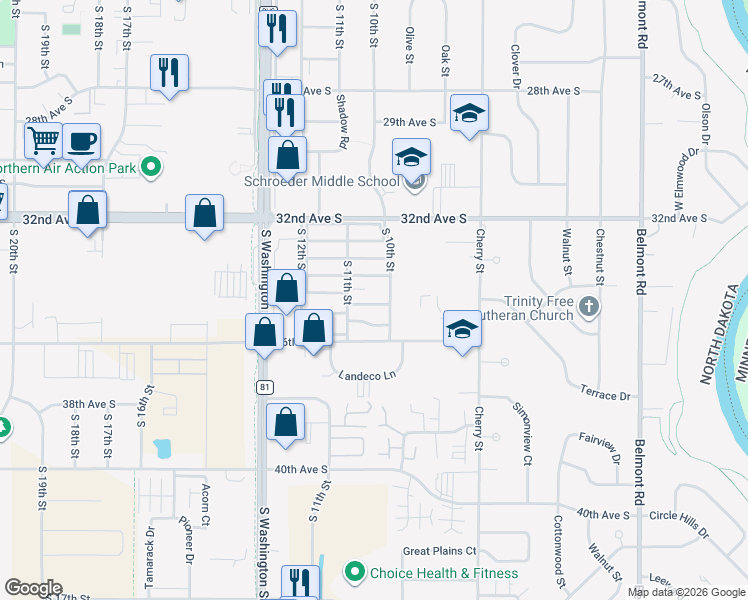 map of restaurants, bars, coffee shops, grocery stores, and more near 1014 Hoover Avenue in Grand Forks
