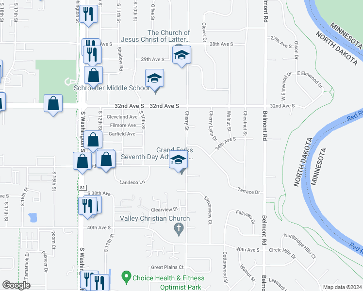 map of restaurants, bars, coffee shops, grocery stores, and more near 3502 Cherry Street in Grand Forks