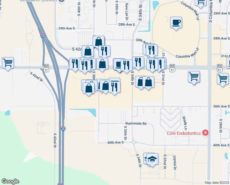 map of restaurants, bars, coffee shops, grocery stores, and more near 3601 32nd Avenue South in Grand Forks